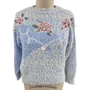 80s Vtg Needles & Yarn Grandma Acrylic Sweater Blue Rose Applique/Pearl 3D M